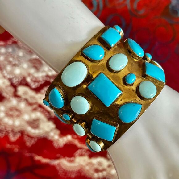 Addison Weeks Bendall Cuff – Turquoise Magnesite Statement Bracelet, Brass Wide - Picture 1 of 14